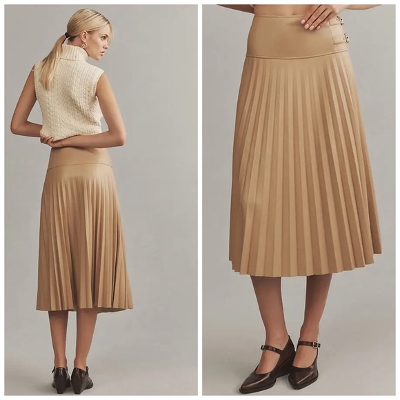 Anthropologie Caballero Pleated Midi Buckle Skirt Beige XL